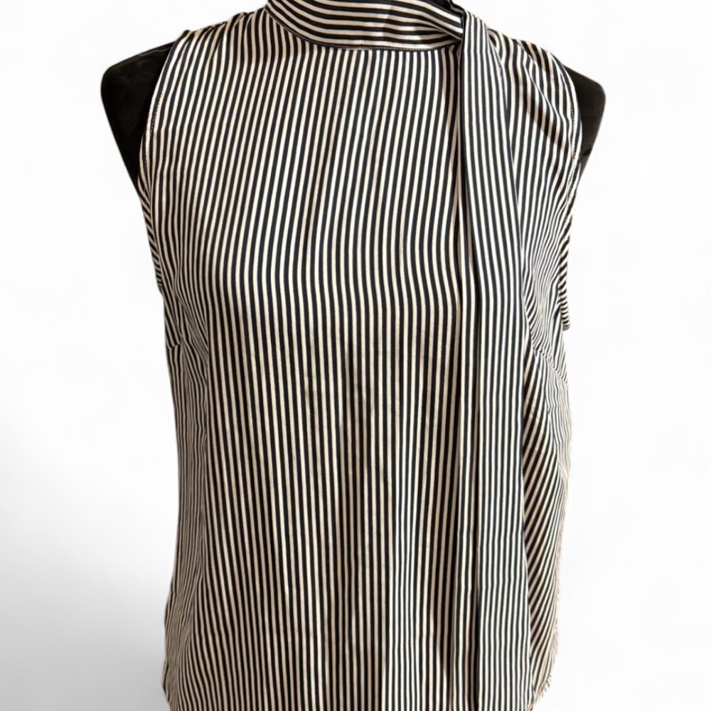 LOFT Black & White Vertical Stripe Sleeveless Mock Neck Top